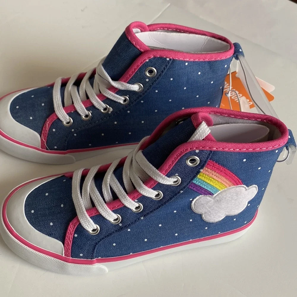 👉 GYMBOREE Toddler Girls Hi-Top Sneakers Denim Blue/Rainbow Size 1 NWT